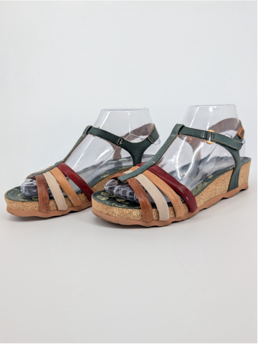 Pikolinos Leather T Strap Wedge Sandals 7.5 Multicolor Green Boho Spain